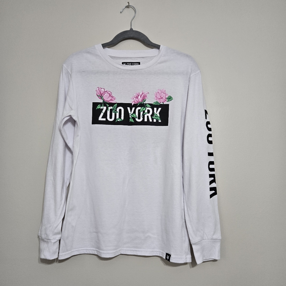 Zoo York White Long Sleeve Floral Logo Shirt Unisex Size M Streetwear Graphic
